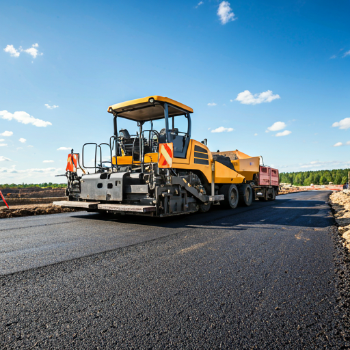 Construction site with asphalt paving equipment